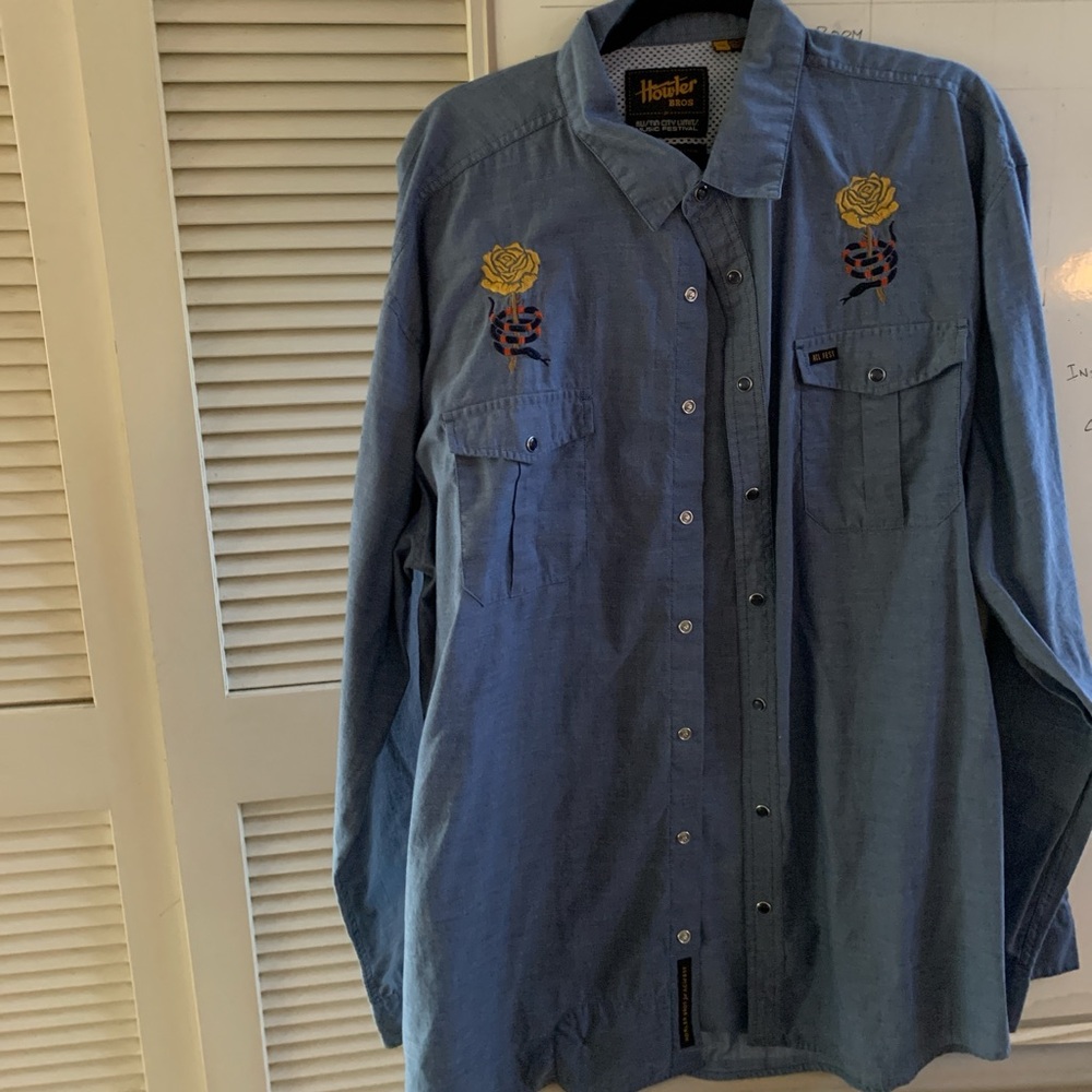 Howler Brothers Blue Shirt with Yellow Embroidery